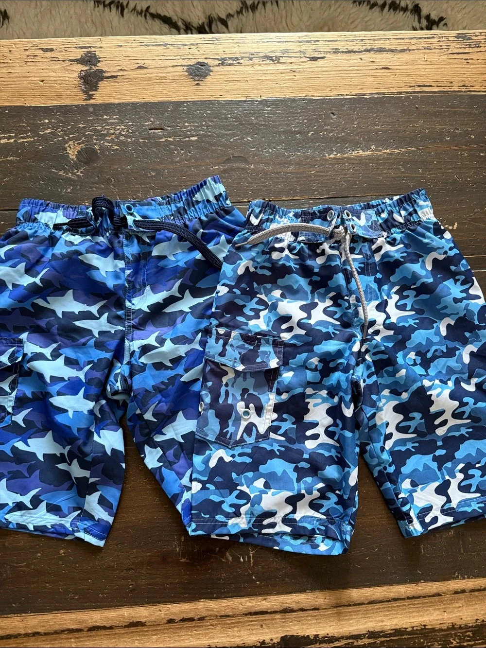 Kids Blue Camo Swim Trunks with Drawstring Waist